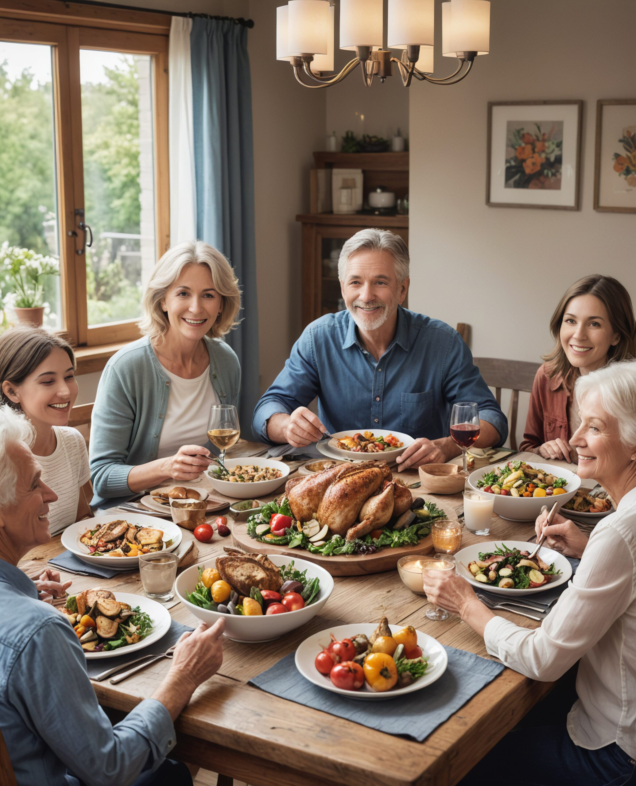 A multigenerational family enjoying a meal with salad, roasted vegetables, and fresh bread at a warmly lit dinner table.