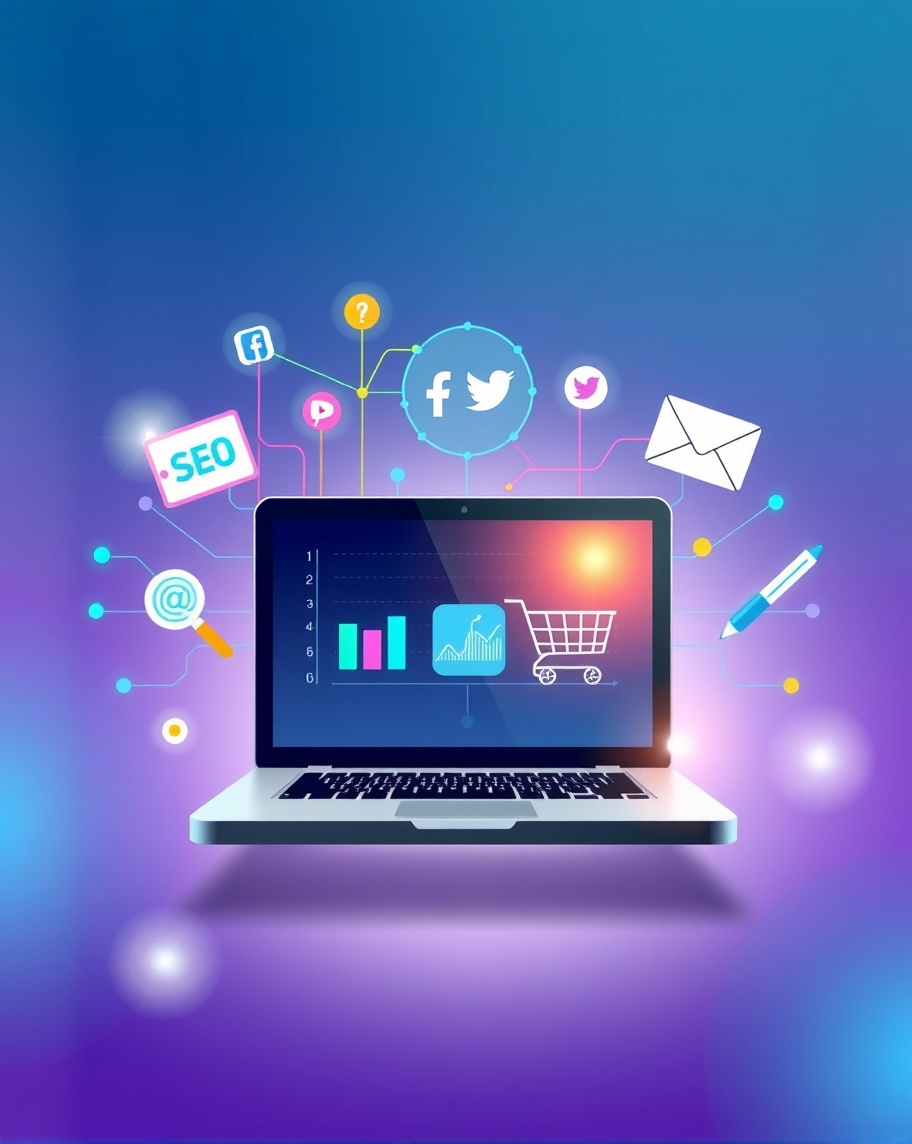 Digital marketing concept featuring a laptop with analytics, social media icons, SEO tools, and a shopping cart on a vibrant blue and purple gradient background.