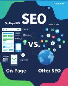 Illustration contrasting On-Page SEO (keywords, meta tags, and mobile-friendly design) with Off-Page SEO (backlinks, social media, and global outreach) in a modern, professional style.