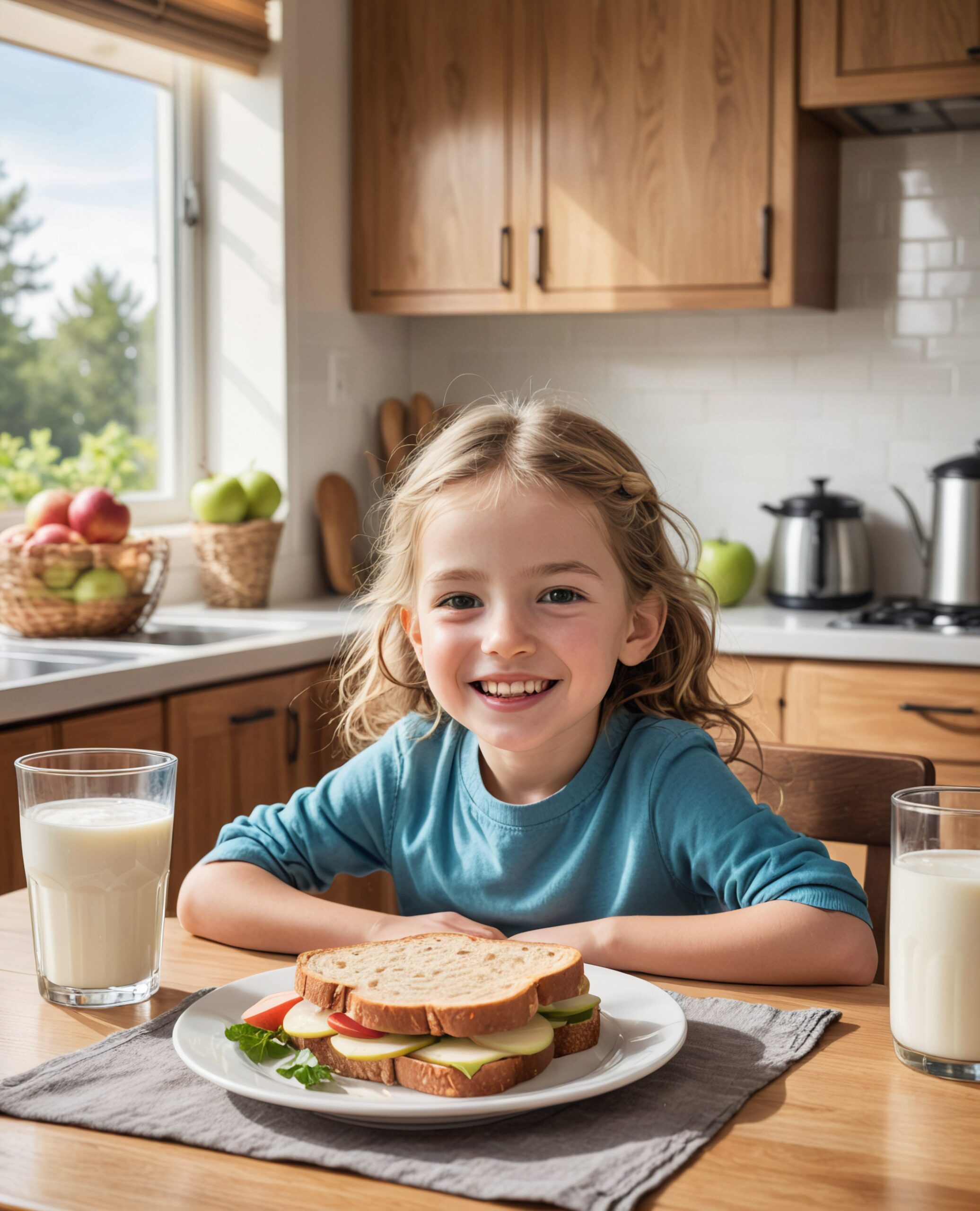 A smiling child enjoying a healthy meal of whole-grain bread, sliced apples, and a glass of milk at a sunny kitchen table.