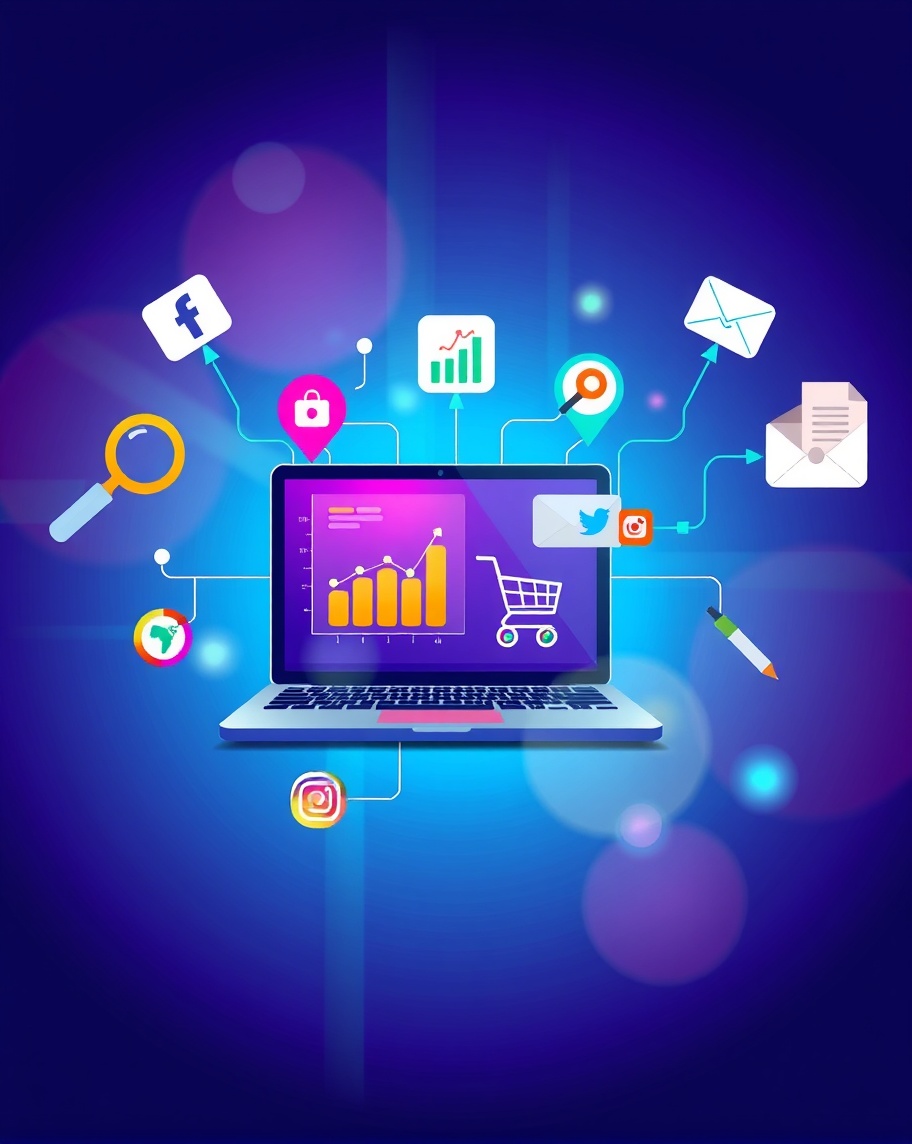 Digital marketing illustration with a laptop showing analytics, surrounded by icons for SEO, social media, email marketing, and e-commerce on a futuristic gradient background