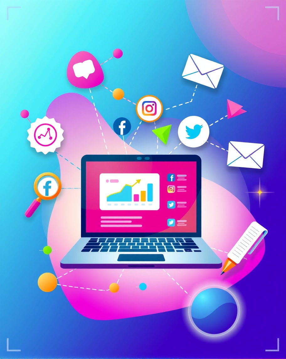 Digital marketing concept featuring a laptop with analytics, social media icons, SEO tools, and a shopping cart on a vibrant blue and purple gradient background.