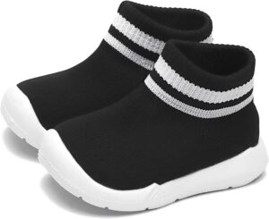 Non-slip baby shoes with memory foam insole, breathable fabric knit upper, and pull-on design for toddlers.