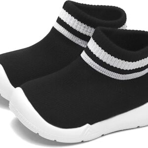 Non-slip baby shoes with memory foam insole, breathable fabric knit upper, and pull-on design for toddlers.