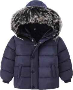 Toddler winter jacket with thick faux fur collar, waterproof and windproof design, and removable hood for cold weather.