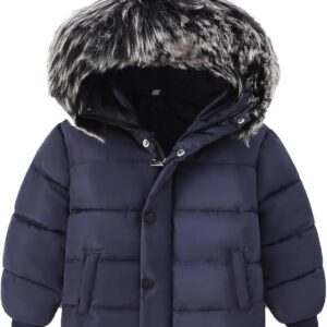 Toddler winter jacket with thick faux fur collar, waterproof and windproof design, and removable hood for cold weather.