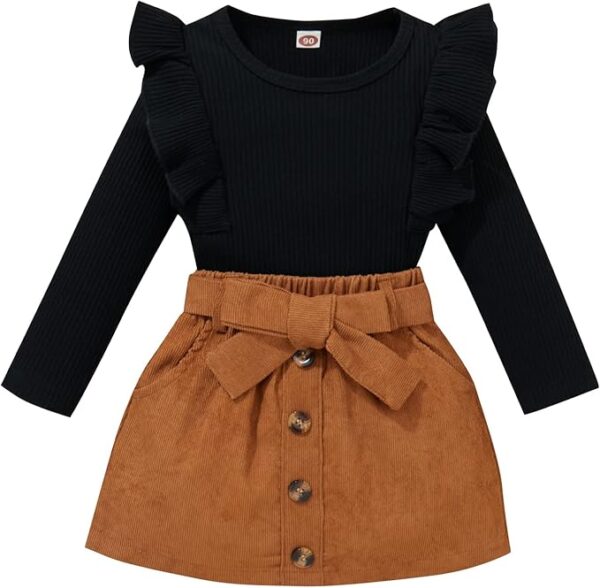 fhutpw Baby Toddler Girl Outfits Fall Winter Clothes Turtleneck Knitted Cotton Long Sleeves Tops & Button Mini Skirts Set