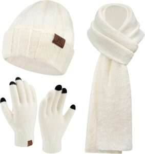 Women's 3-piece winter set with a knit beanie hat, touchscreen gloves, and long scarf, fleece-lined for warmth and comfort in cold weather