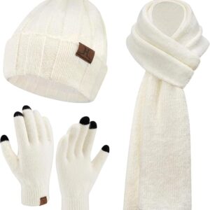 Women's 3-piece winter set with a knit beanie hat, touchscreen gloves, and long scarf, fleece-lined for warmth and comfort in cold weather