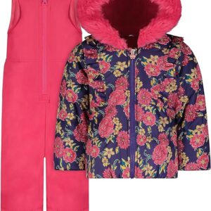 London Fog girls' snowsuit with a ruffle-front puffer jacket, cozy hood, snow bib with ankle gaiters, and fleece lining