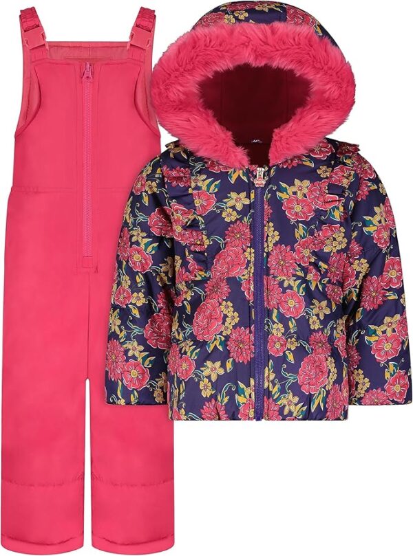 London Fog girls' snowsuit with a ruffle-front puffer jacket, cozy hood, snow bib with ankle gaiters, and fleece lining