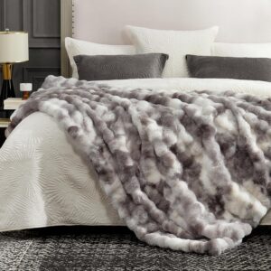 Cozy Bliss Tie-Dye Taupe Faux Fur Throw Blanket with a bubble design, perfect for adding warmth and style to your couch, sofa, or bedroom.