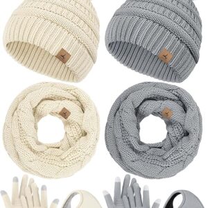 Complete winter set featuring a beanie hat, scarf, earmuffs, and touchscreen gloves in light gray and beige, perfect for cold-weather protection.