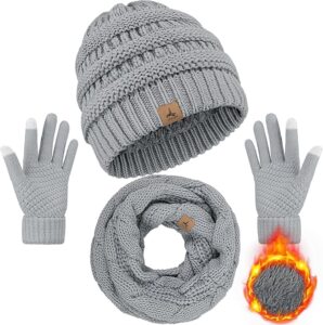 Cozy 3-piece winter set including a beanie hat, scarf, and touch screen gloves, perfect for warmth and style in cold weather, available in 22 colors