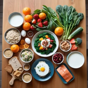 A healthy, balanced pregnancy meal with fruits, vegetables, whole grains, protein-rich foods, dairy, and omega-3 fatty acids, arranged on a wooden table.