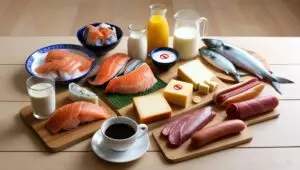 A display of foods to avoid during pregnancy, including raw seafood, unpasteurized dairy, high-mercury fish, processed meats, alcohol, and coffee, arranged on a wooden table with warning symbols.