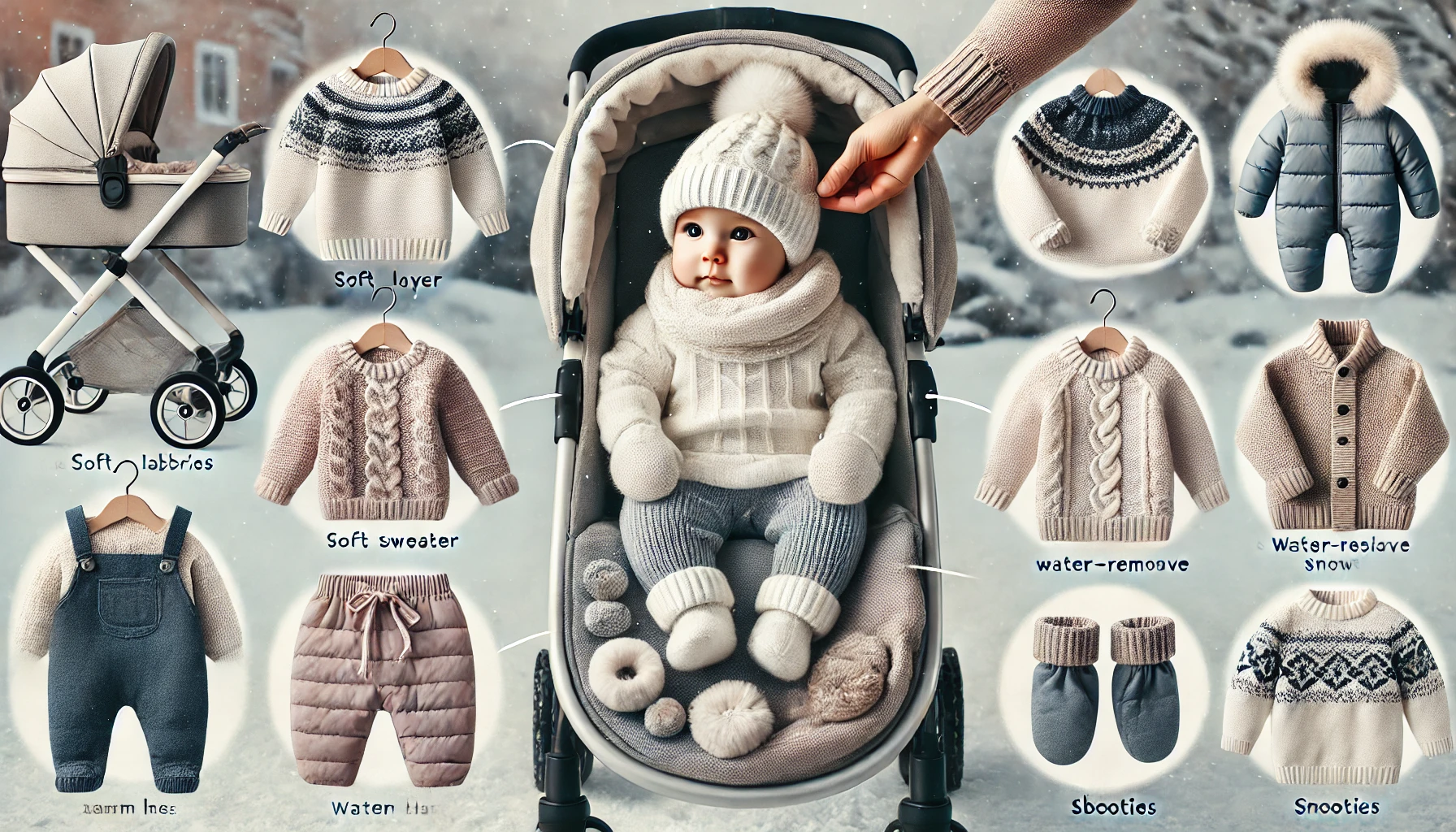 A baby dressed warmly in layered clothing, including a cotton bodysuit, knitted sweater, and water-resistant snowsuit, with accessories like a hat, mittens, and booties. The baby is sitting in a stroller covered with a blanket in a snowy outdoor setting, with parents adjusting the layers.