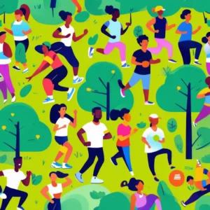 A group of friends enjoying an outdoor fitness class, smiling and laughing, highlighting the social benefits of exercising together.