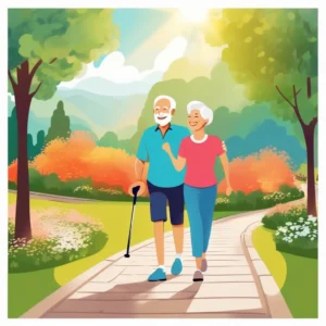 An elderly couple walking briskly along a scenic outdoor pathway, surrounded by greenery and sunlight, highlighting the benefits of exercise for aging and longevity.