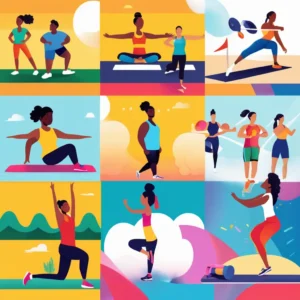 A vibrant collage of people engaging in running, swimming, yoga, and weightlifting, showcasing diverse exercise activities for different fitness goals.