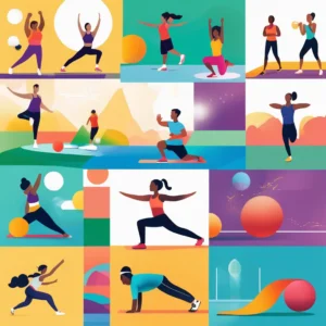A vibrant collage featuring a runner on a sunny track, a swimmer in a clear pool, a yoga practitioner outdoors, and a weightlifter in a gym, showcasing diverse fitness activities.