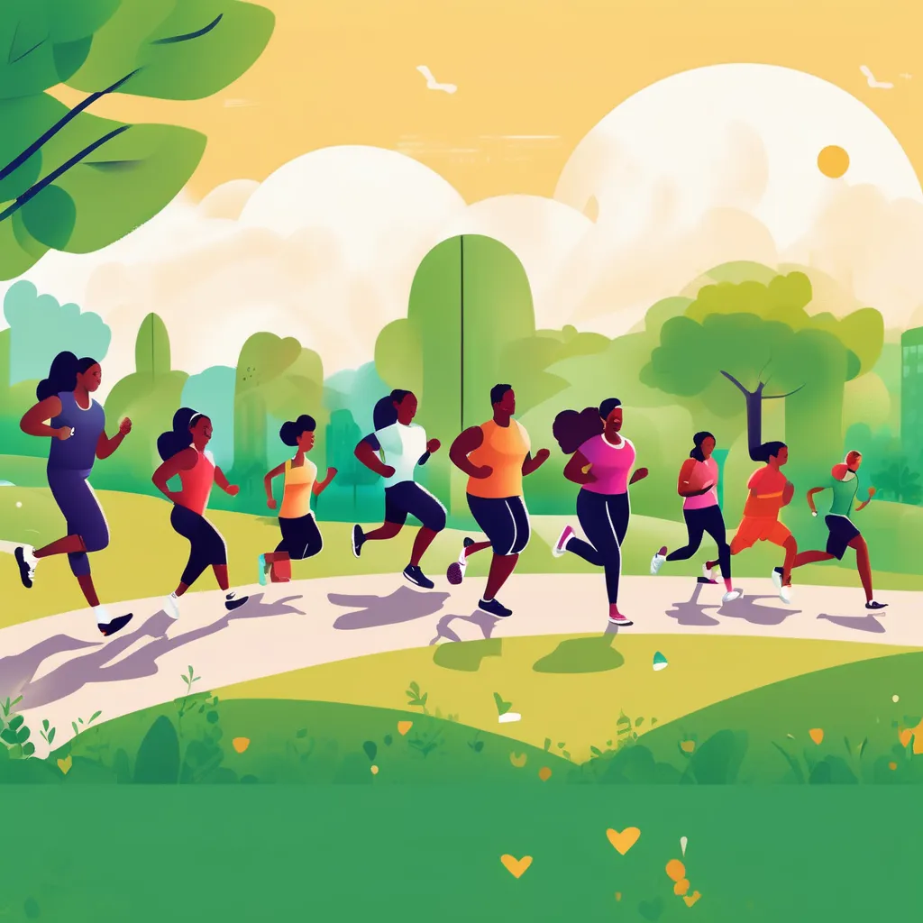 An uplifting and vibrant illustration of people from diverse backgrounds engaging in various fitness activities in a natural outdoor setting. The scene features individuals jogging, practicing yoga, riding bicycles, and playing sports like soccer, all under a sunny sky with lush green trees in the background. The atmosphere exudes positivity, health, and community spirit, highlighting the importance of exercise and physical fitness for everyone."