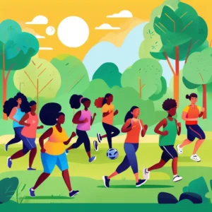 People from diverse backgrounds jogging, practicing yoga, cycling, and playing sports outdoors, symbolizing the importance of exercise and physical fitness