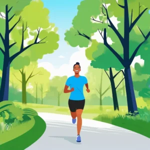 A person jogging along a park trail with green trees and a clear blue sky, expressing joy and relaxation, symbolizing the mental health benefits of exercise.