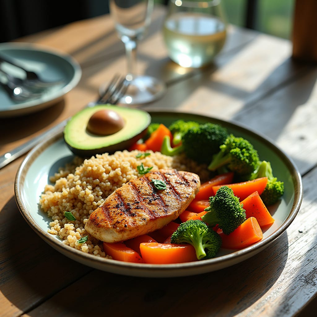 A balanced diet plate featuring grilled chicken, brown rice, colorful vegetables, and sliced avocado, arranged on a rustic wooden table.