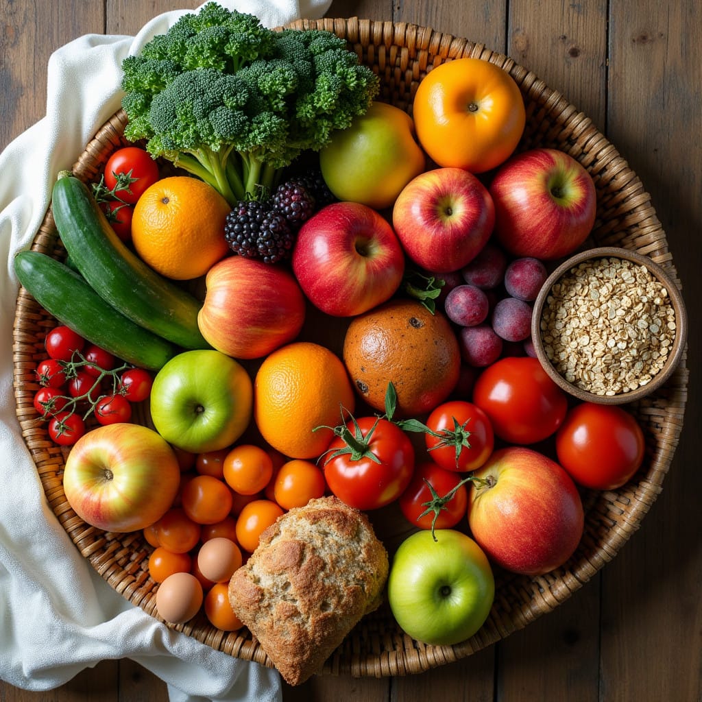 An overhead shot of fresh market produce, including colorful fruits, vegetables, bread, and nuts, arranged with a woven basket and fabric.