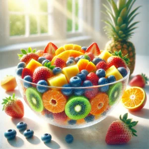 Vibrant fruit salad with strawberries, blueberries, kiwi, oranges, and pineapple in a glass bowl on a white table with a sunny background.