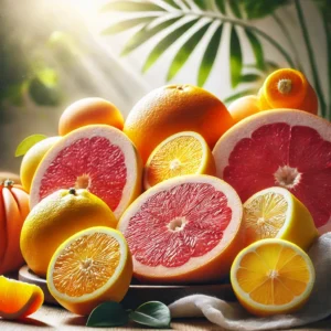 Close-up of fresh citrus fruits like oranges, lemons, and grapefruits, showing vibrant pulp and slices