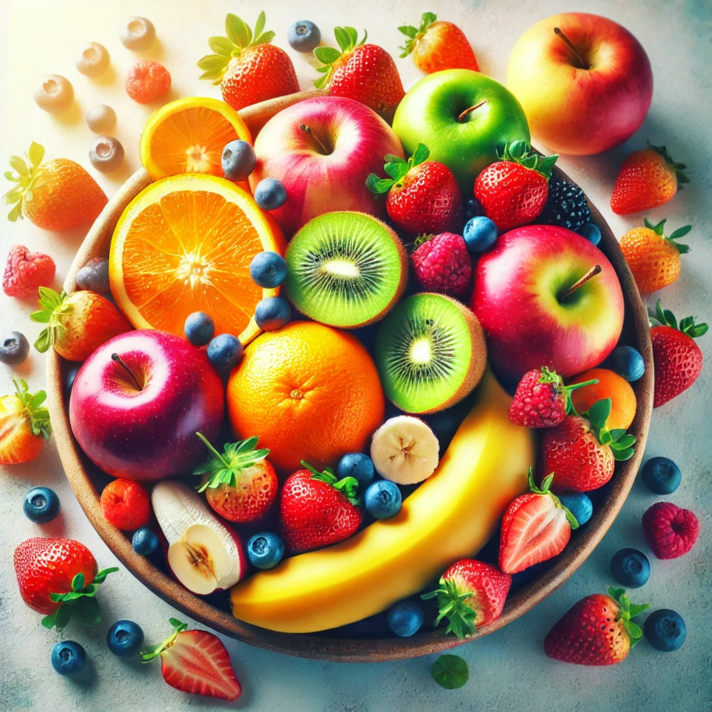 Variety of fresh, vibrant fruits including oranges, bananas, strawberries, blueberries, apples, and kiwis arranged in a bowl, representing health and vitality.