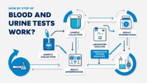 Step-by-step process diagram explaining how blood and urine tests work for kidney health.