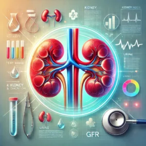 llustration of kidneys with arteries and veins surrounded by medical elements like test tubes, stethoscope, and a GFR chart, symbolizing kidney health and diagnosis.