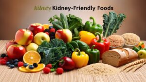 ibrant image of kidney-friendly foods, including fresh fruits, vegetables, and whole grains.