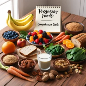 A variety of pregnancy-safe foods including fruits, vegetables, nuts, dairy, and whole grains on a wooden table, with a notepad titled 'Pregnancy Foods: Comprehensive Guide' in the background