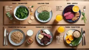 Segmented display of trimester-specific pregnancy foods, including folic acid-rich options, ginger tea, iron and calcium sources, high-energy foods, and fiber-rich choices, arranged on a wooden table