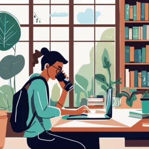 A student drinking water from a reusable bottle while studying in a cozy library with books and a laptop on the table, surrounded by natural light and greenery.