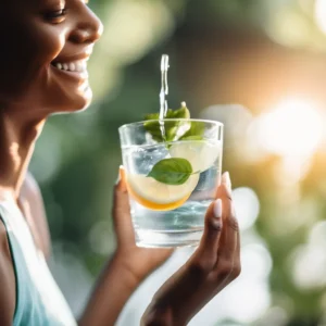 A smiling person with glowing, hydrated skin holding a glass of water, with natural light and soft greenery in the background.