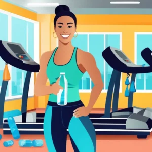 A fitness enthusiast smiling while holding a water bottle at the gym, with exercise equipment like a treadmill and weights visible in the background