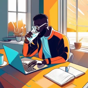 A person sitting at a desk with a glass of water, energized and focused, with sunlight streaming through a window onto a laptop and notebook.