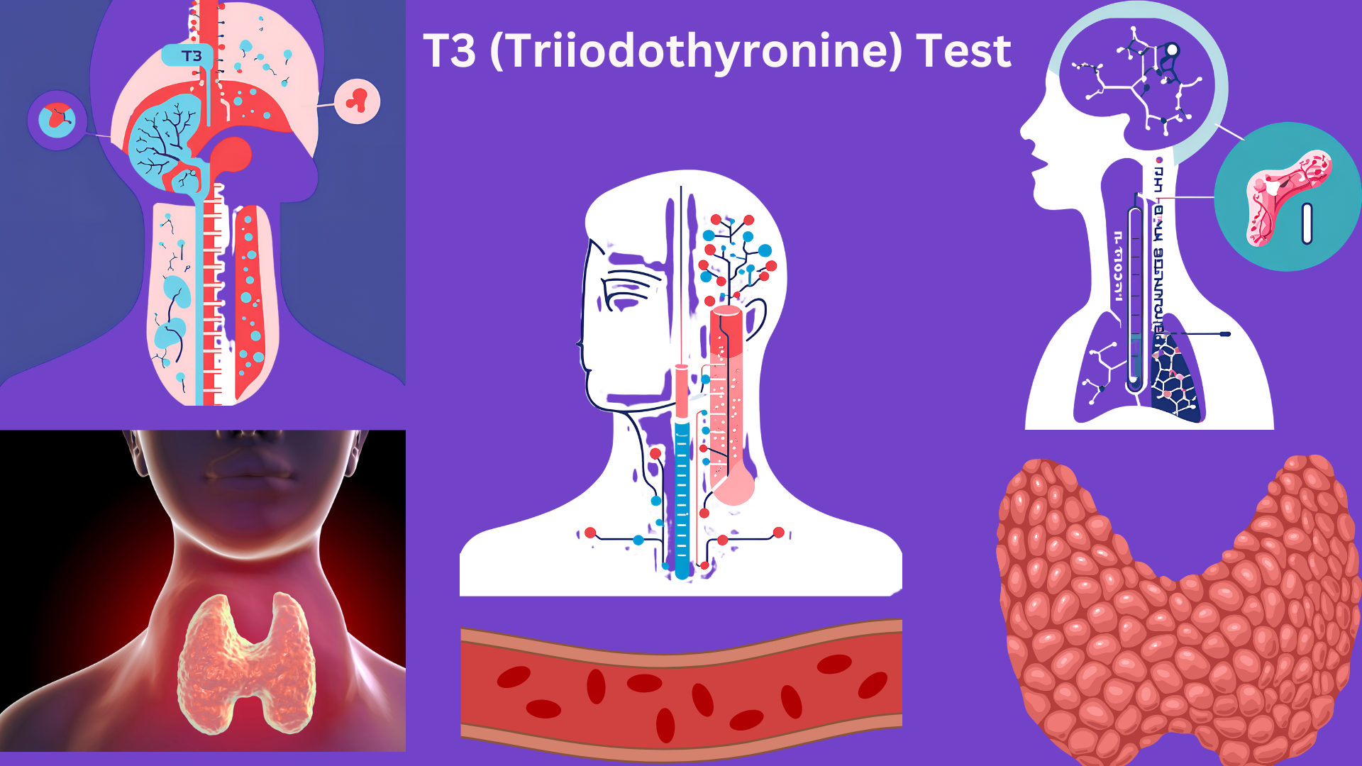 Illustration of a thyroid gland with a highlighted T3 hormone structure, alongside a test tube labeled "T3 Test" in a medical laboratory setting.