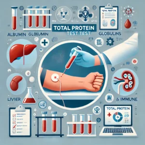 Illustration of the total protein test process with blood draw, lab analysis, and health icons.