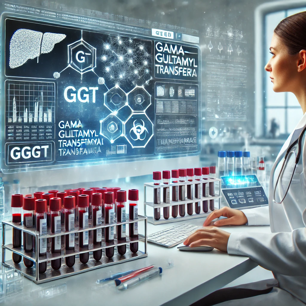 Lab professional analyzing blood samples for GGT testing with advanced equipment