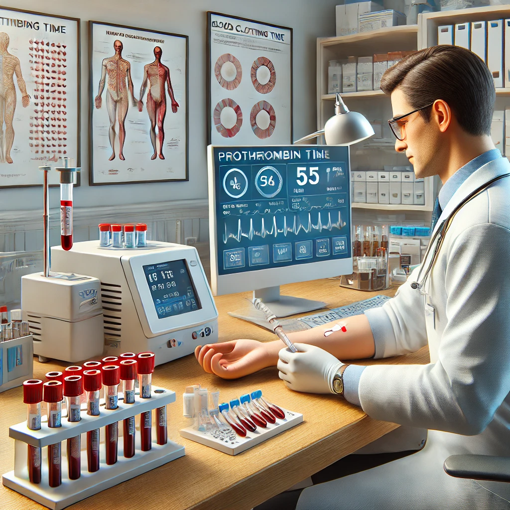 Healthcare professional drawing blood for a Prothrombin Time (PT) test in a modern medical laboratory with blood samples and coagulation pathway posters.