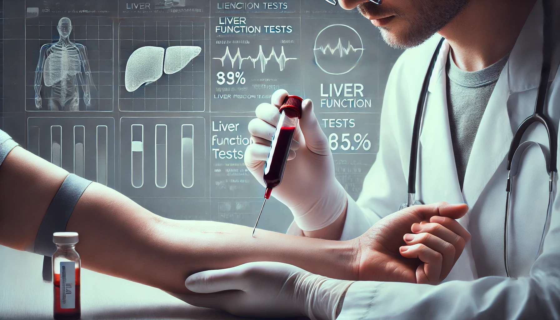 A medical technician holding a blood sample tube labeled for an AFP test in a clinical laboratory.