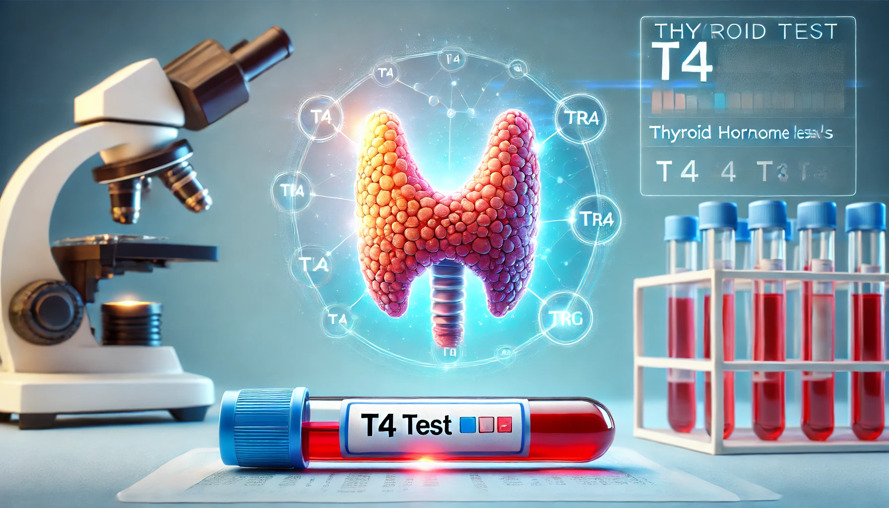 Medical illustration of the thyroid gland with a glowing effect, a test tube labeled "T4 Test," and a digital screen displaying thyroid hormone levels in a clinical lab setting.