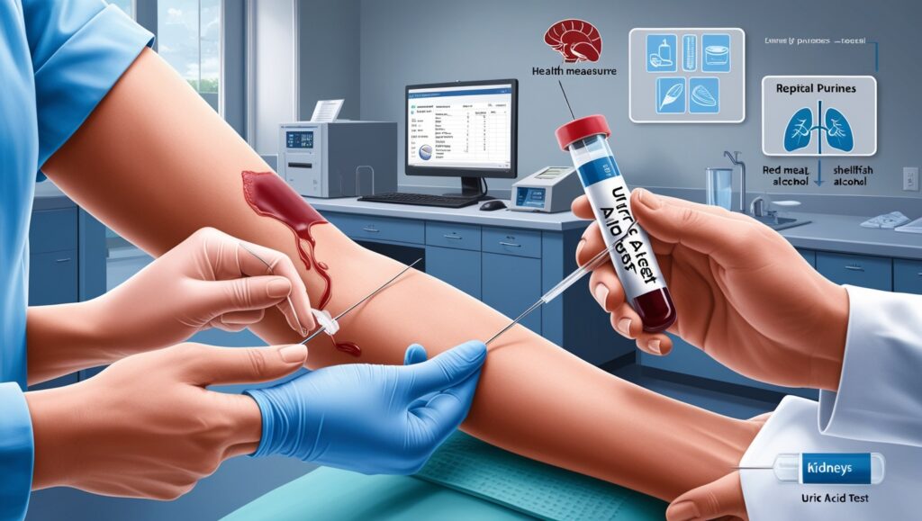 Healthcare professional drawing blood for a uric acid test to diagnose gout, kidney stones, and metabolic disorders.