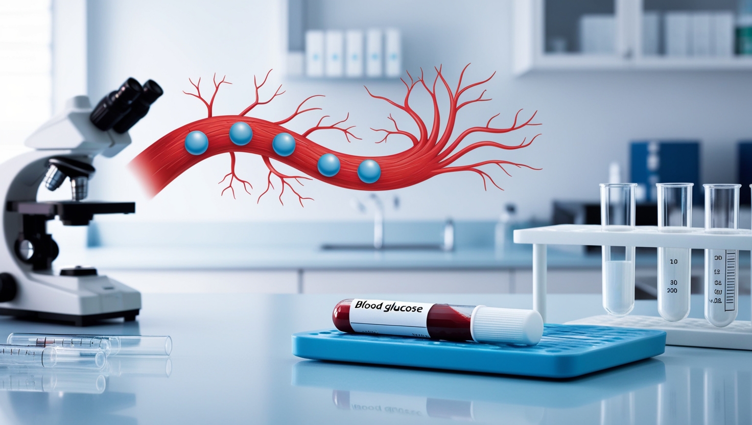 Blood glucose test tube in a lab with glucose flow through a nerve.